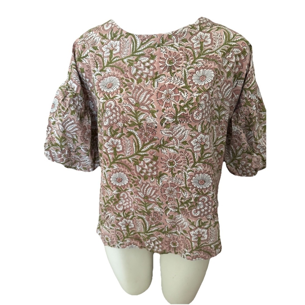 Fitzroy & Willa Women's Cottagecore‎ Pink Green Floral Puff Sleeves Folklore Top